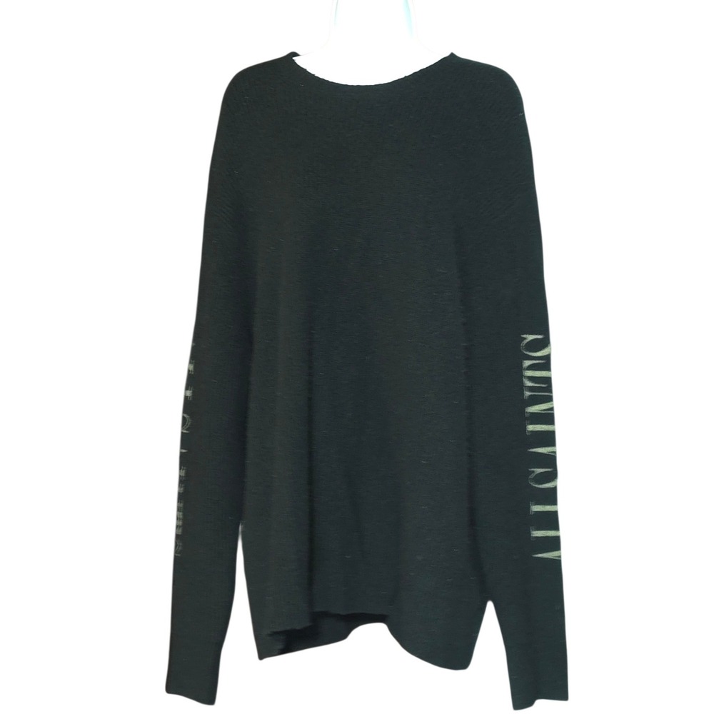 AllSaints Women Small Sweater Black Wool Yak Blend Oversized Graphic Sleeve Rib